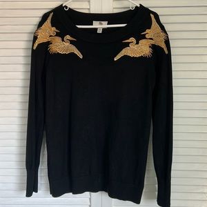 Black sweater with gold birds